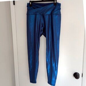 Ododos shiny metallic blue gathered cross waist gym leggings XL 28" crossover